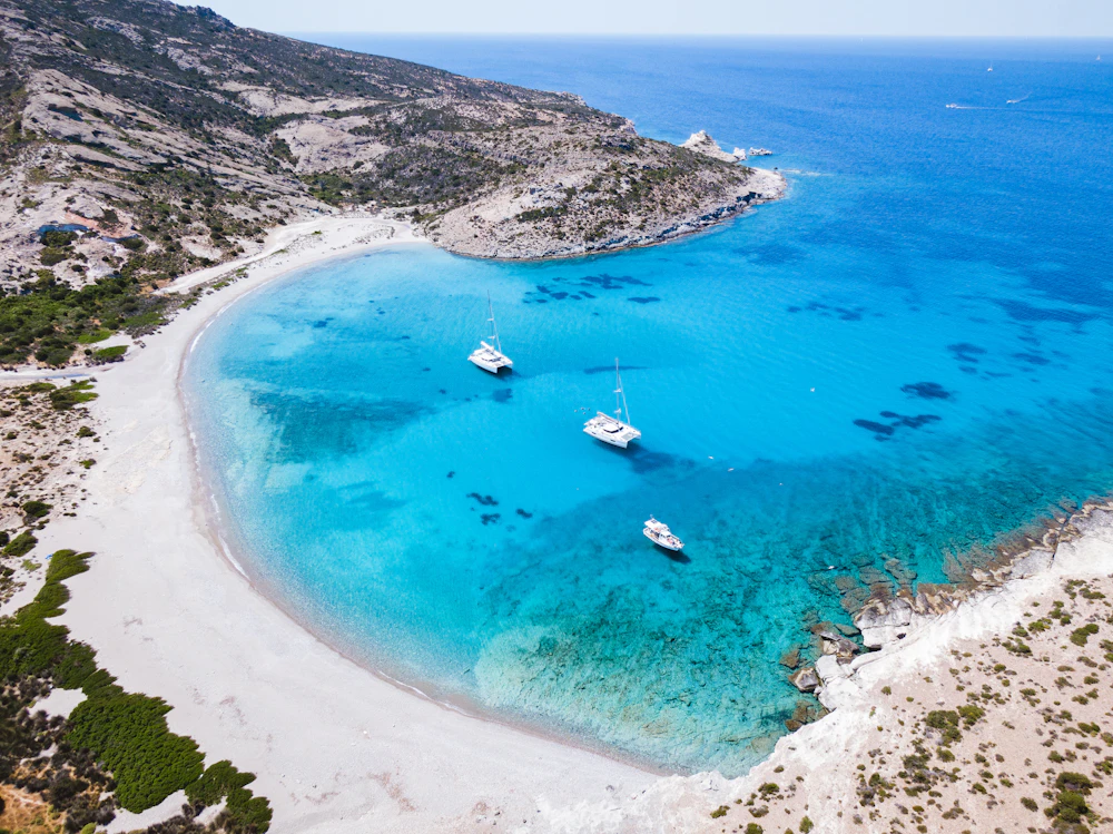 Turquoise bay on the Greek island of Milos, seen from above